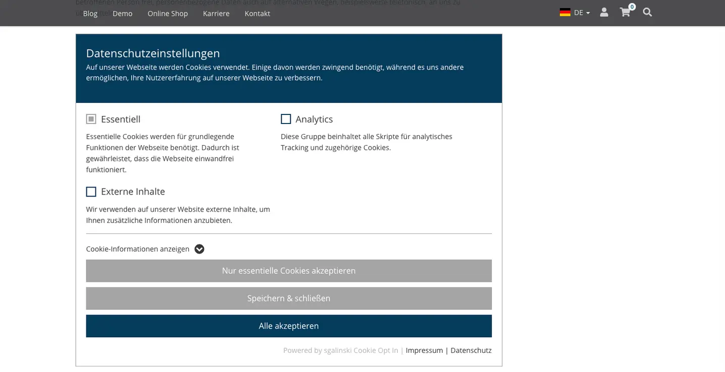 TYPO3 Inhaltselement sgalinski Cookie Opt-In