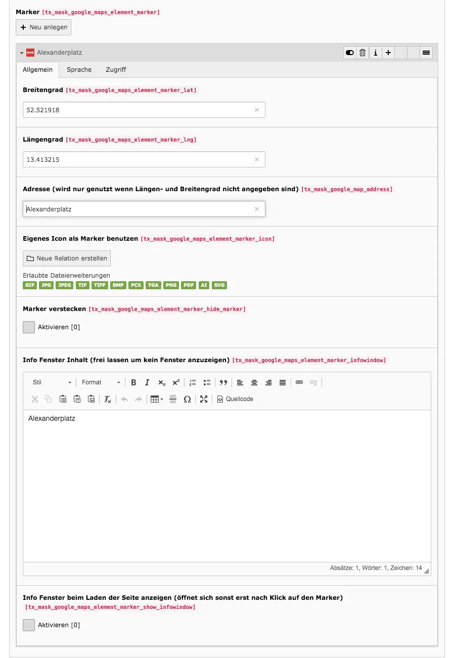 TYPO3 Mask Element Google Maps Reiter Allgemein Marker