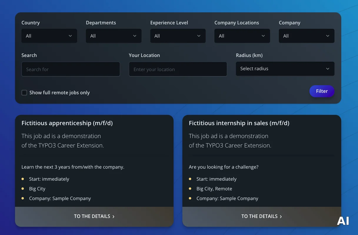 Job search filters and two demo job listings for TYPO3 career extension.