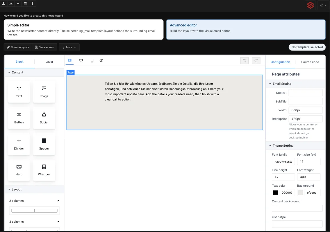 Email newsletter editor with block sidebar, central page preview, and right config panel.
