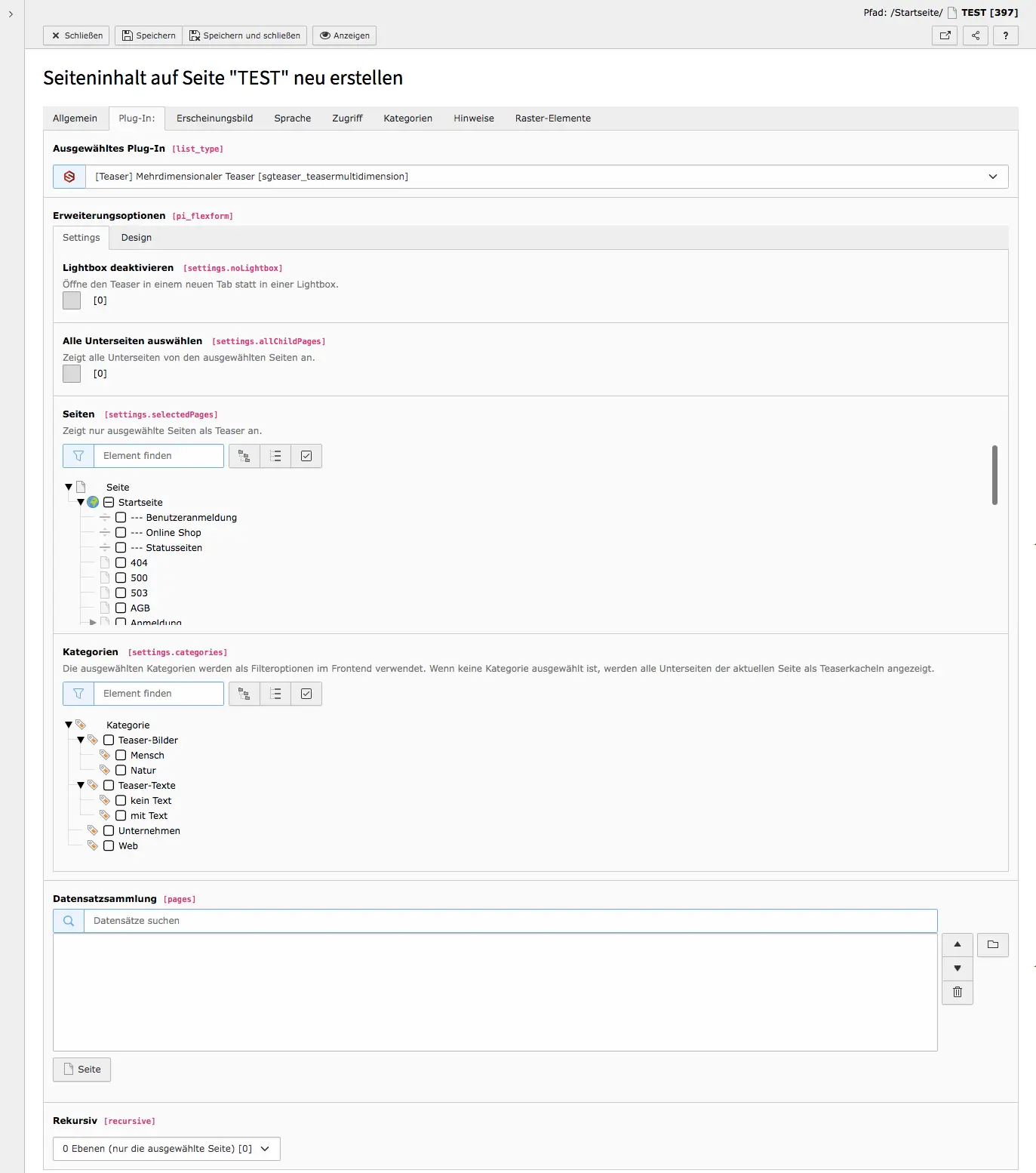 TYPO3 Inhaltselement Mehrdimensionaler Teaser Tab Plugin Einstellungen