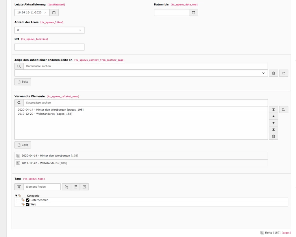 TYPO3 Seiteneigenschaften News Tab Allgemein