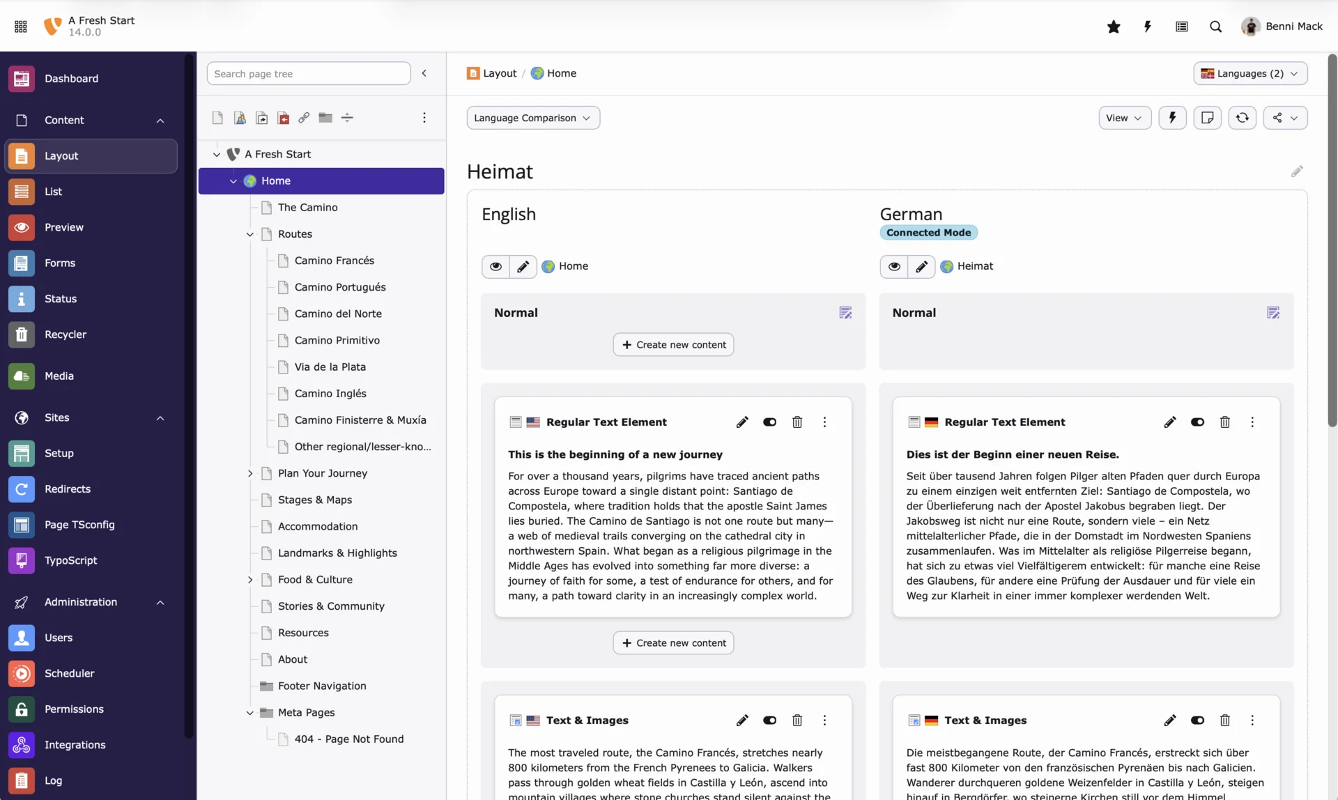 Helles TYPO3-v14-Backend mit Seitenbaum und mehrsprachigem Seitenmodul.