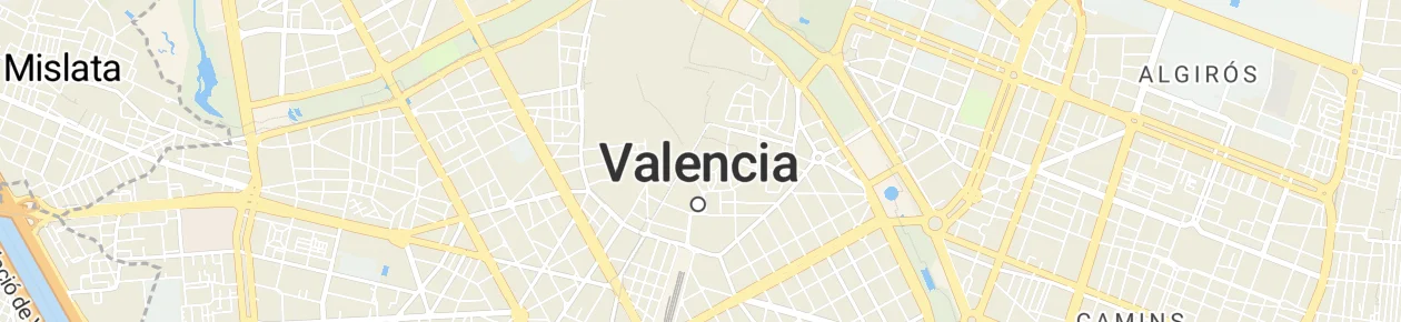Map of Valencia, Spain, centered on Valencia marker, showing Mislata, Algirós, and Camins neighborhoods.