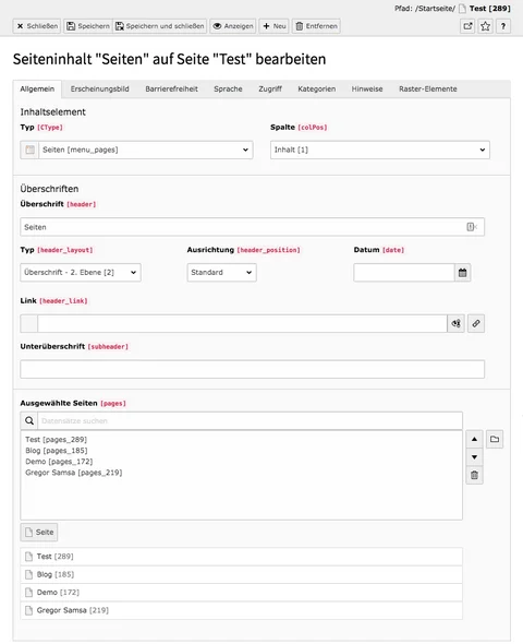 TYPO3 Inhaltselement Menü Seiten Reiter Allgemein