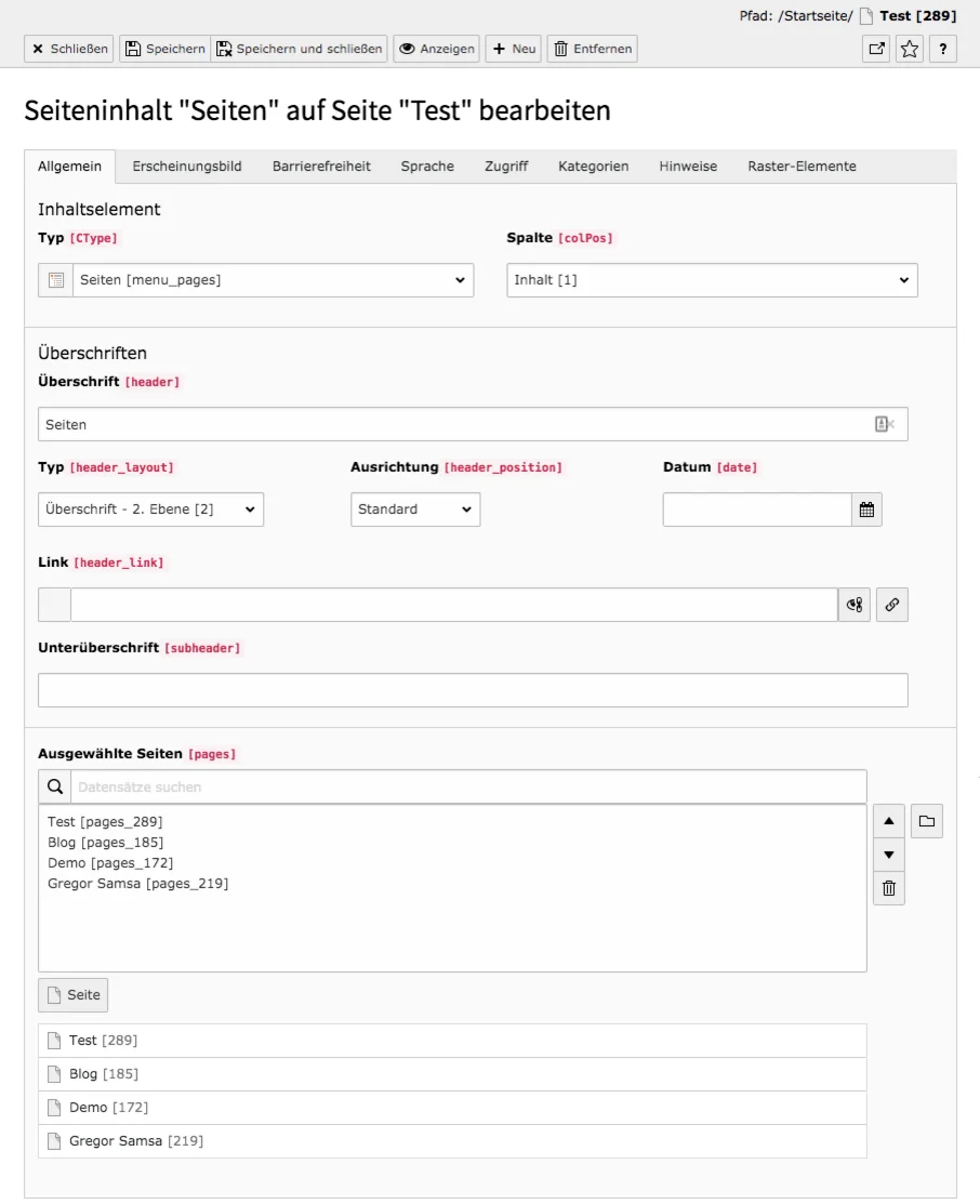 TYPO3 Inhaltselement Menü Seiten Reiter Allgemein