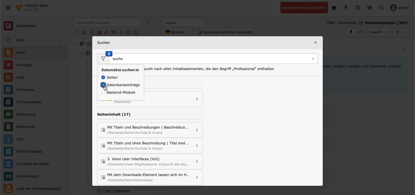 TYPO3 Suchfunktion Backend
