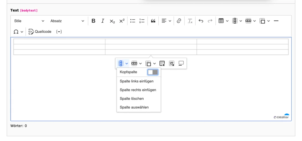 TYPO3 CKEditor Rich Text Editor Table Column options
