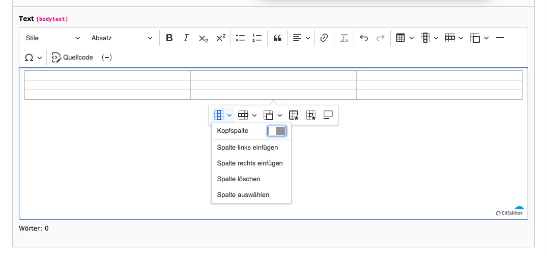 TYPO3 CKEditor Rich Text Editor Tabelle Spaltenoptionen