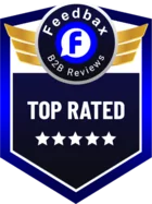 Feedbax B2B Reviews top rated badge with gold wings, blue F logo, and five stars