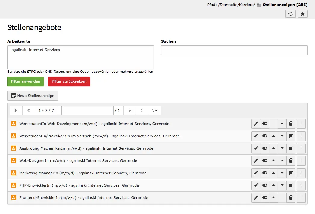 TYPO3 Modul Liste der Stellenangebote