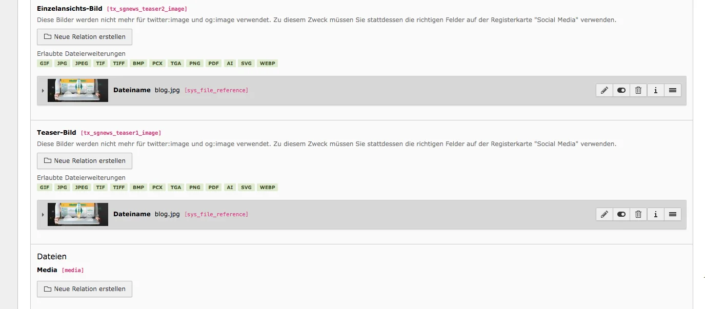 TYPO3 Seiteneigenschaften News Reiter Bilder