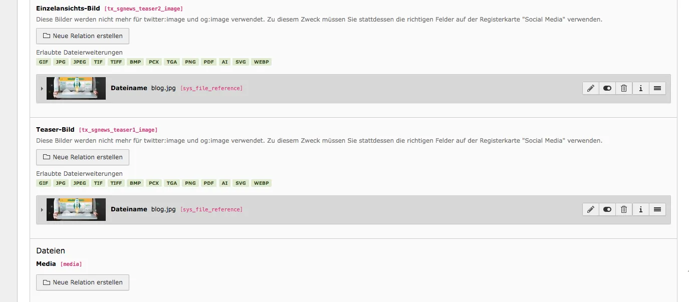 TYPO3 Seiteneigenschaften News Reiter Bilder