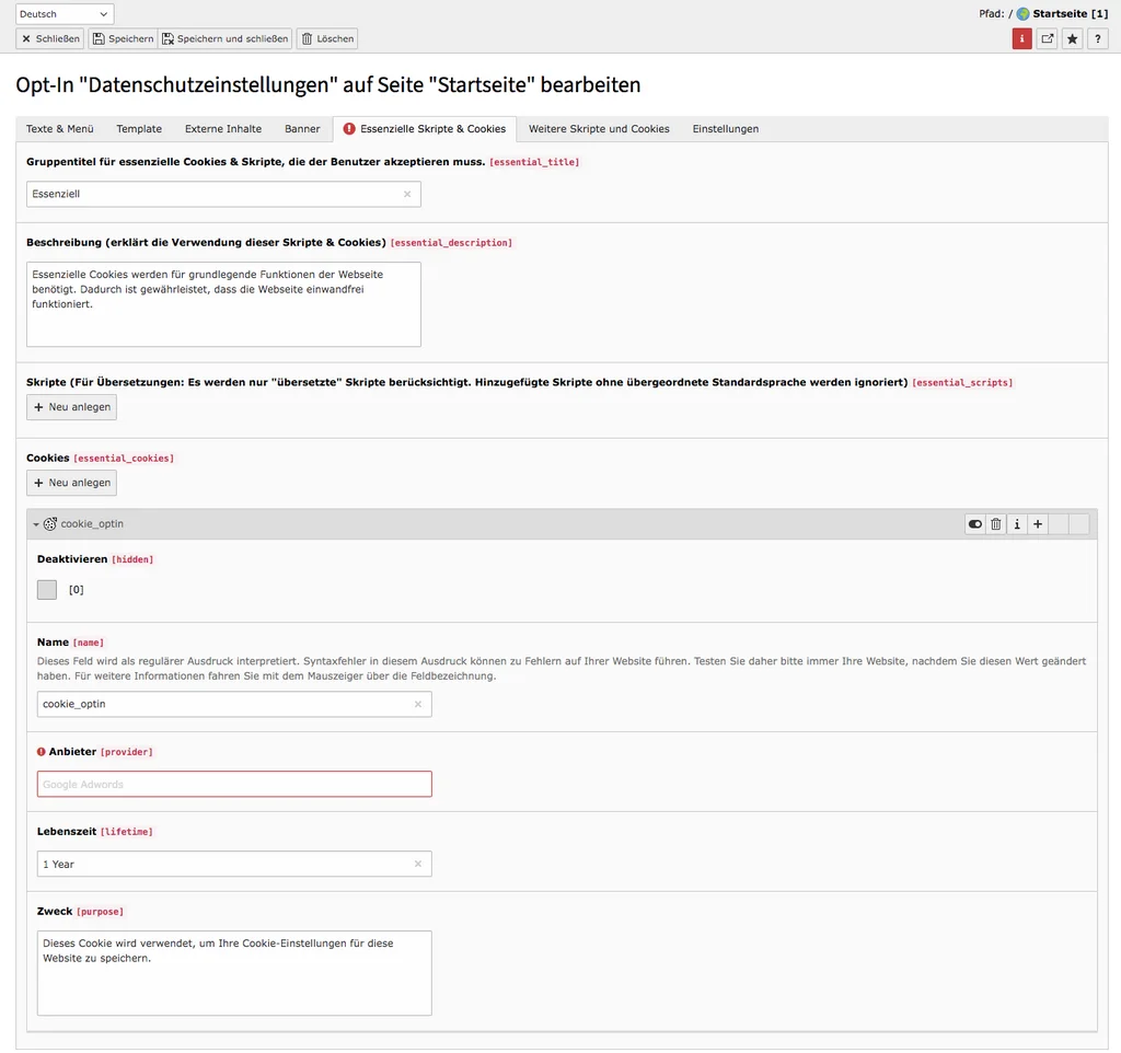 Cookie Consent TYPO3 Tab Gruppe essentieller Skripte & Cookies