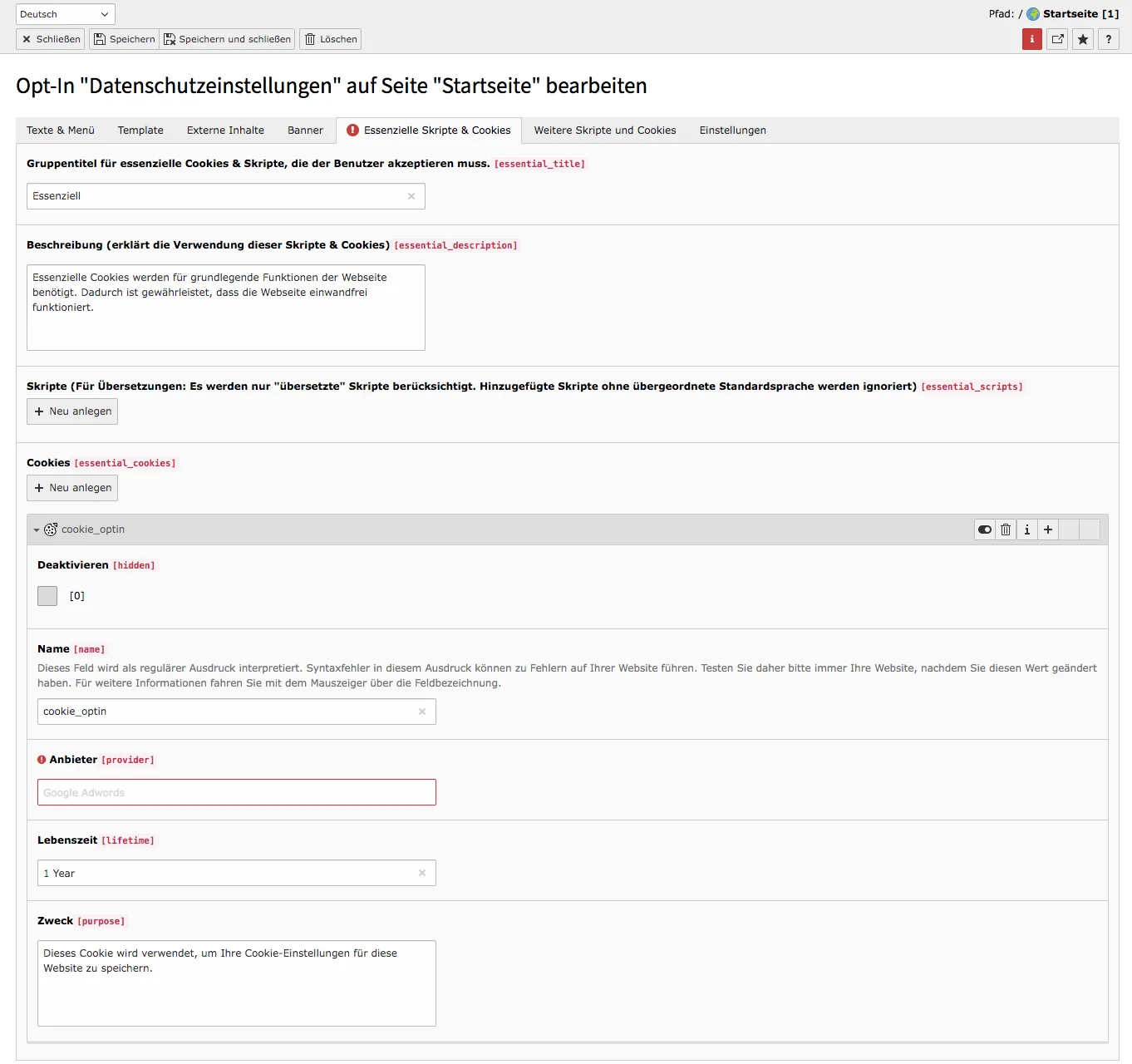Cookie Consent TYPO3 Tab Gruppe essentieller Skripte & Cookies