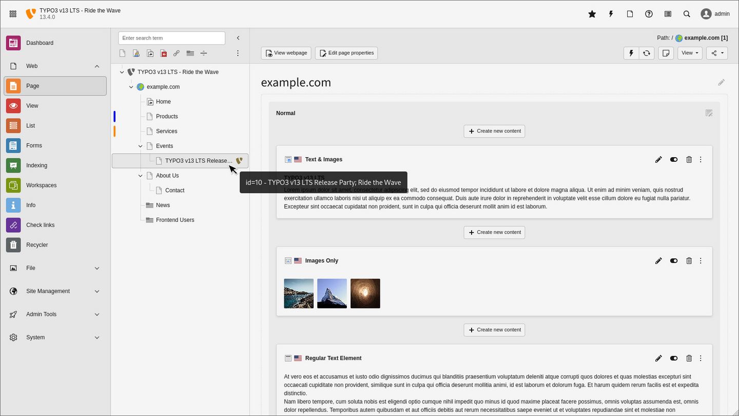 TYPO3 Backend Seitenbaum mit Markierungen und Statusinformationen