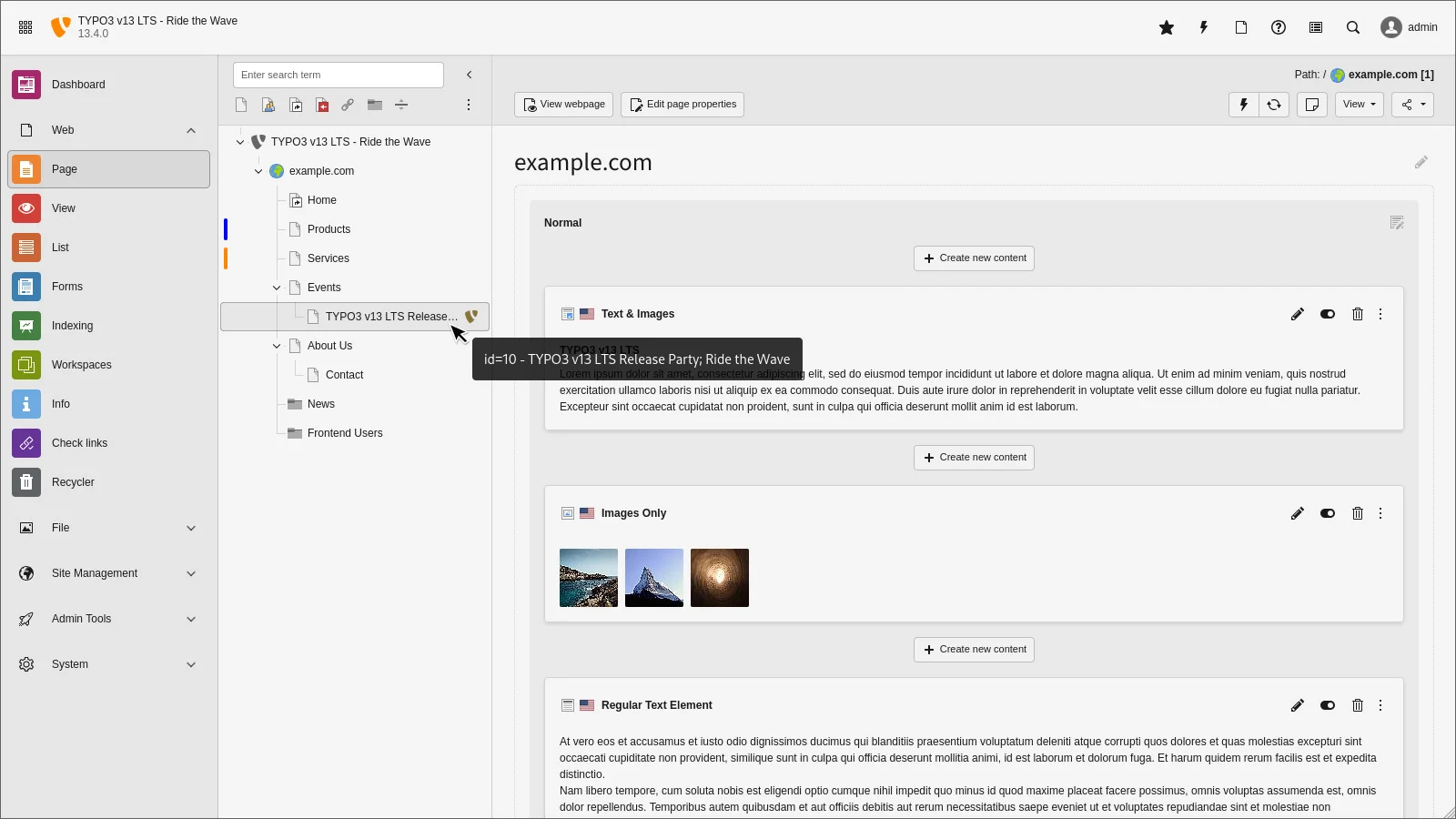 TYPO3 Backend Seitenbaum mit Markierungen und Statusinformationen
