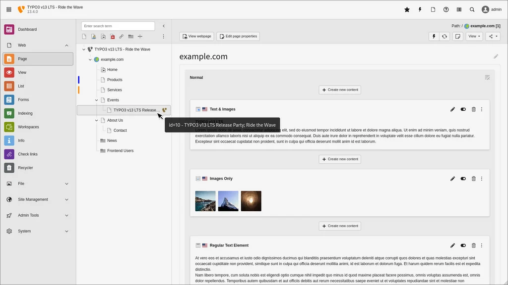 TYPO3 backend page tree with markers and status information