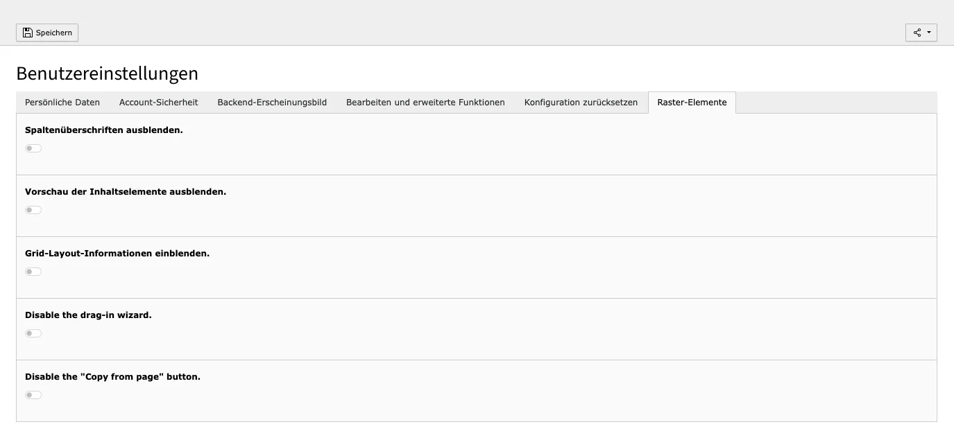 TYPO3 Benutzereinstellungen Raster-Elemente