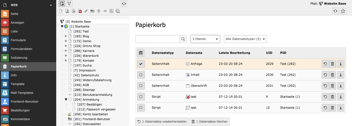 TYPO3 Modul Papierkorb Liste gelöschter Inhaltselemente