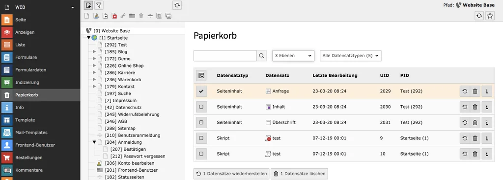TYPO3 Modul Papierkorb Liste gelöschter Inhaltselemente
