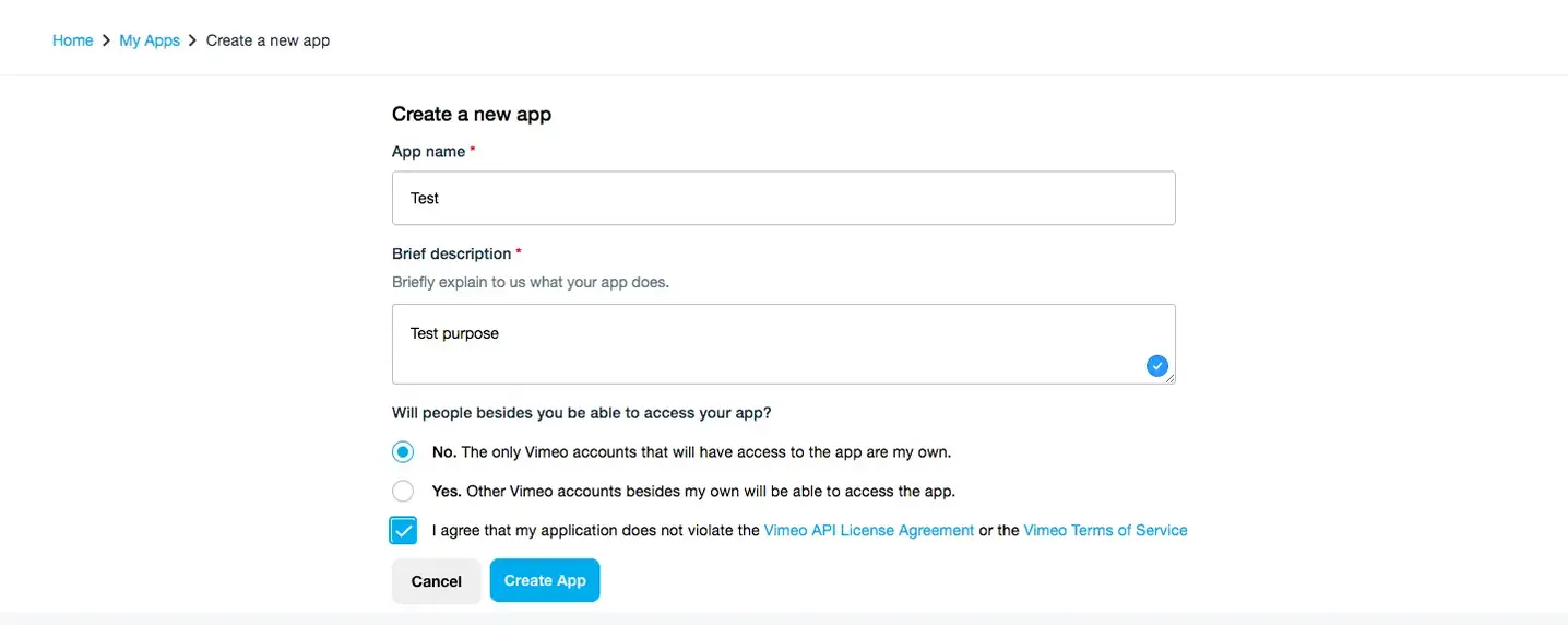 Create Vimeo App