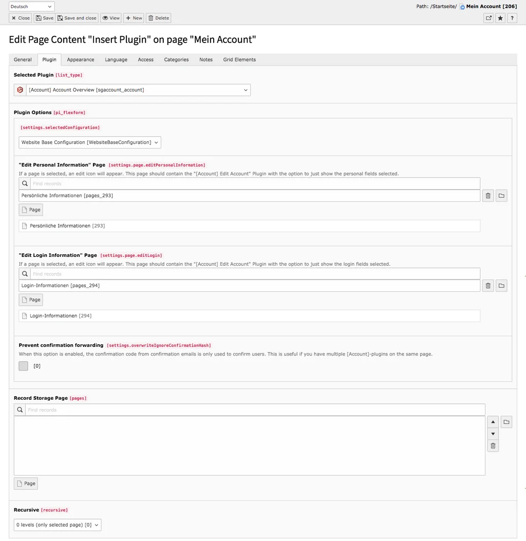 TYPO3 Content Element Account Overview Backend Reiter Plugin