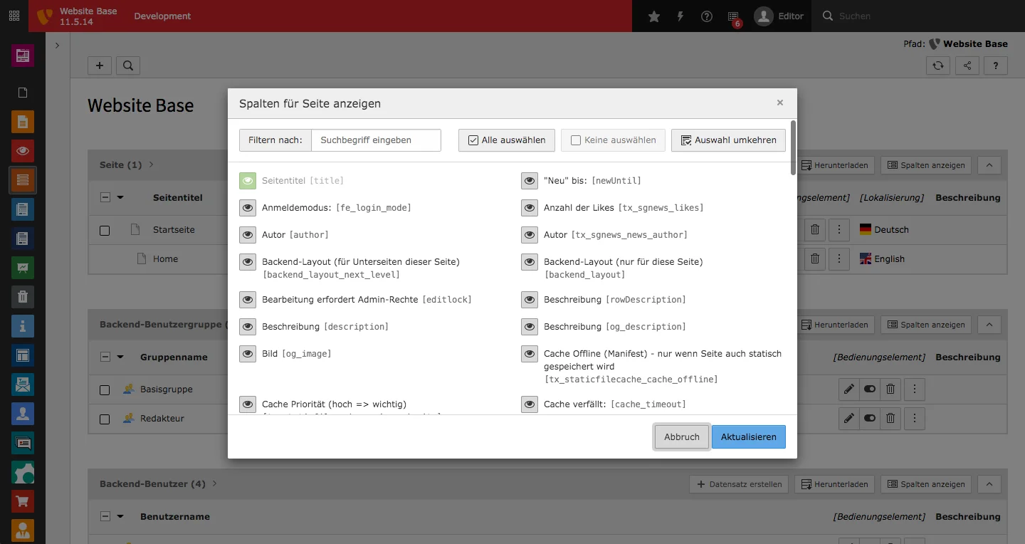 TYPO3 Modul Liste Spalten anzeigen