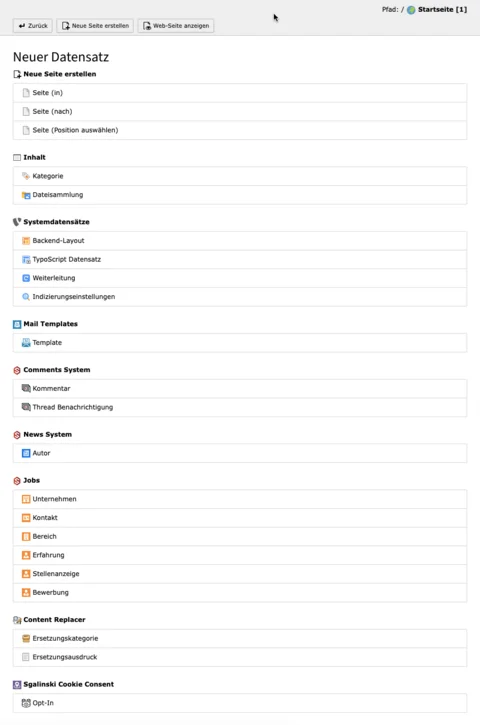 TYPO3 Modul Liste Backend Neuen Datensatz erstellen