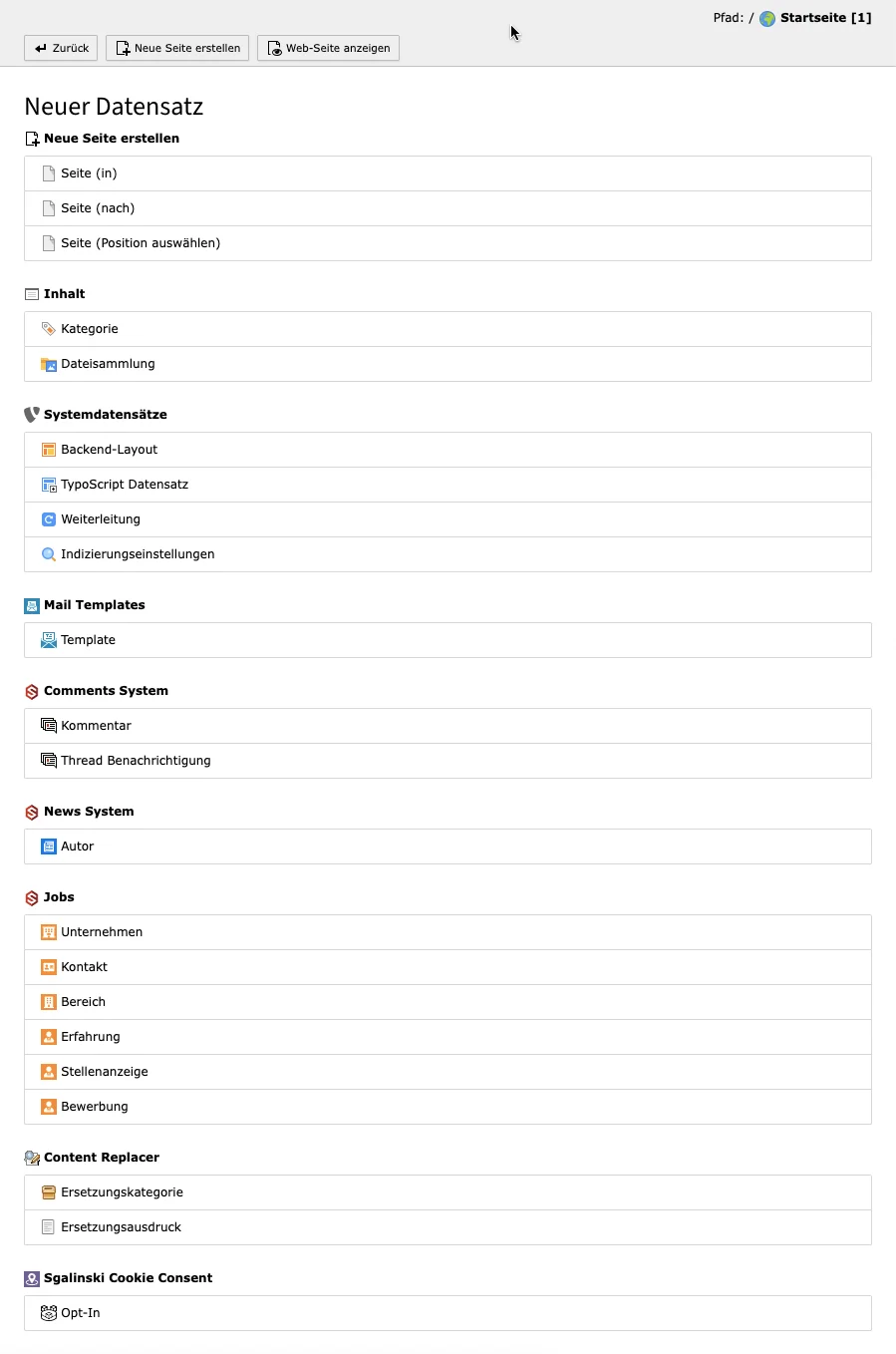 TYPO3 Modul Liste Backend Neuen Datensatz erstellen