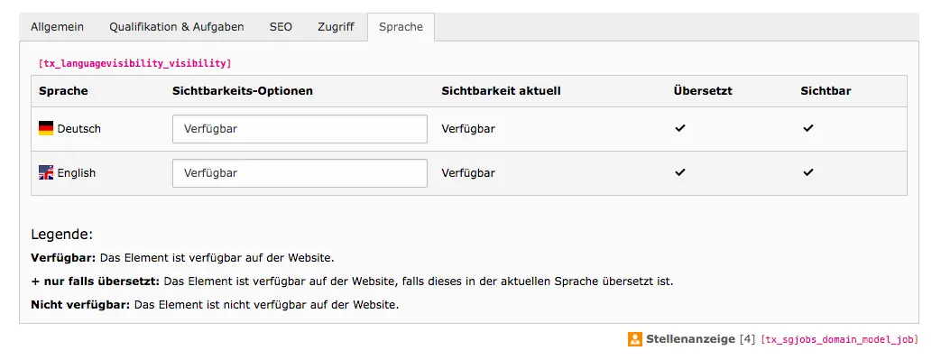 TYPO3 Modul Liste der Stellenangebote Reiter Sprache