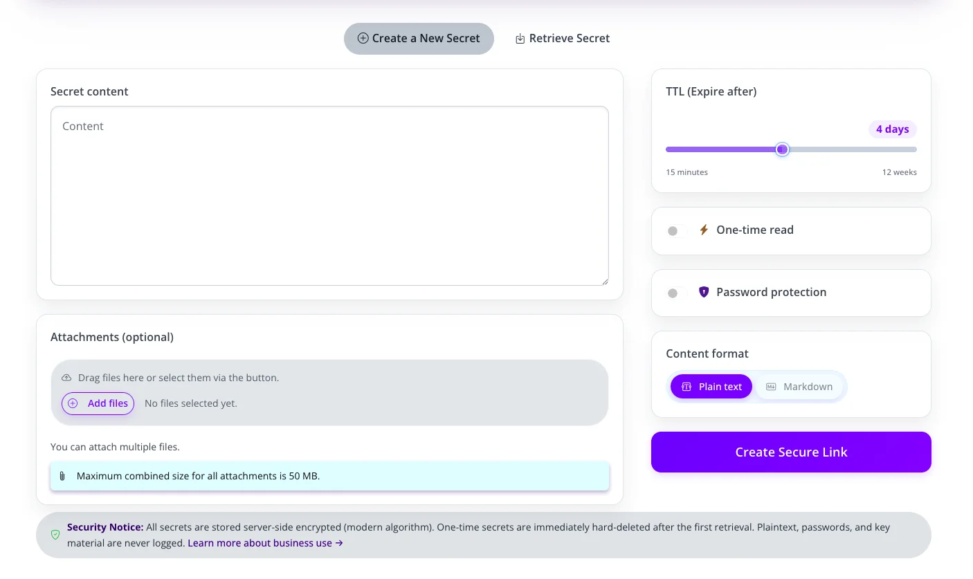 UI for creating a secure secret: content box, TTL slider, one-time read & password toggles, attachments, create link button.