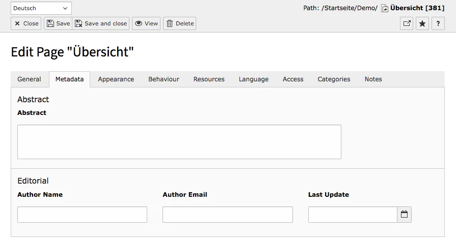 TYPO3 Page Properties Shortcut Page Tab Metadata