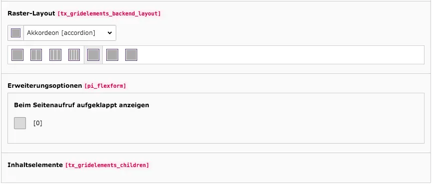 TYPO3 Grid-Element Akkordeon Backend