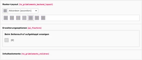 TYPO3 Grid-Element Akkordeon Backend