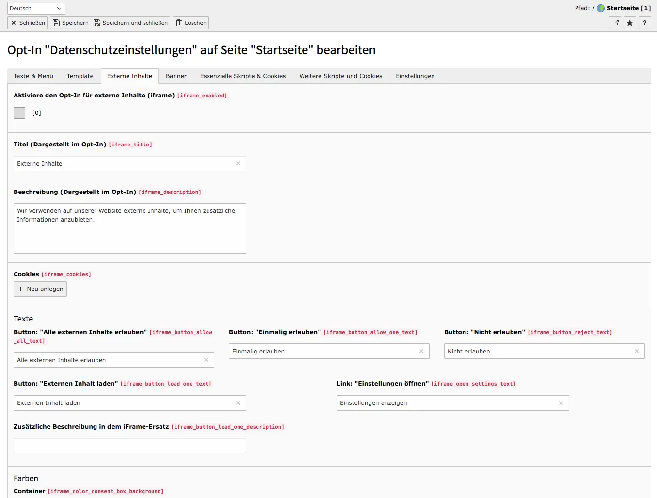 Cookie Consent TYPO3 Backend Externer Inhalt