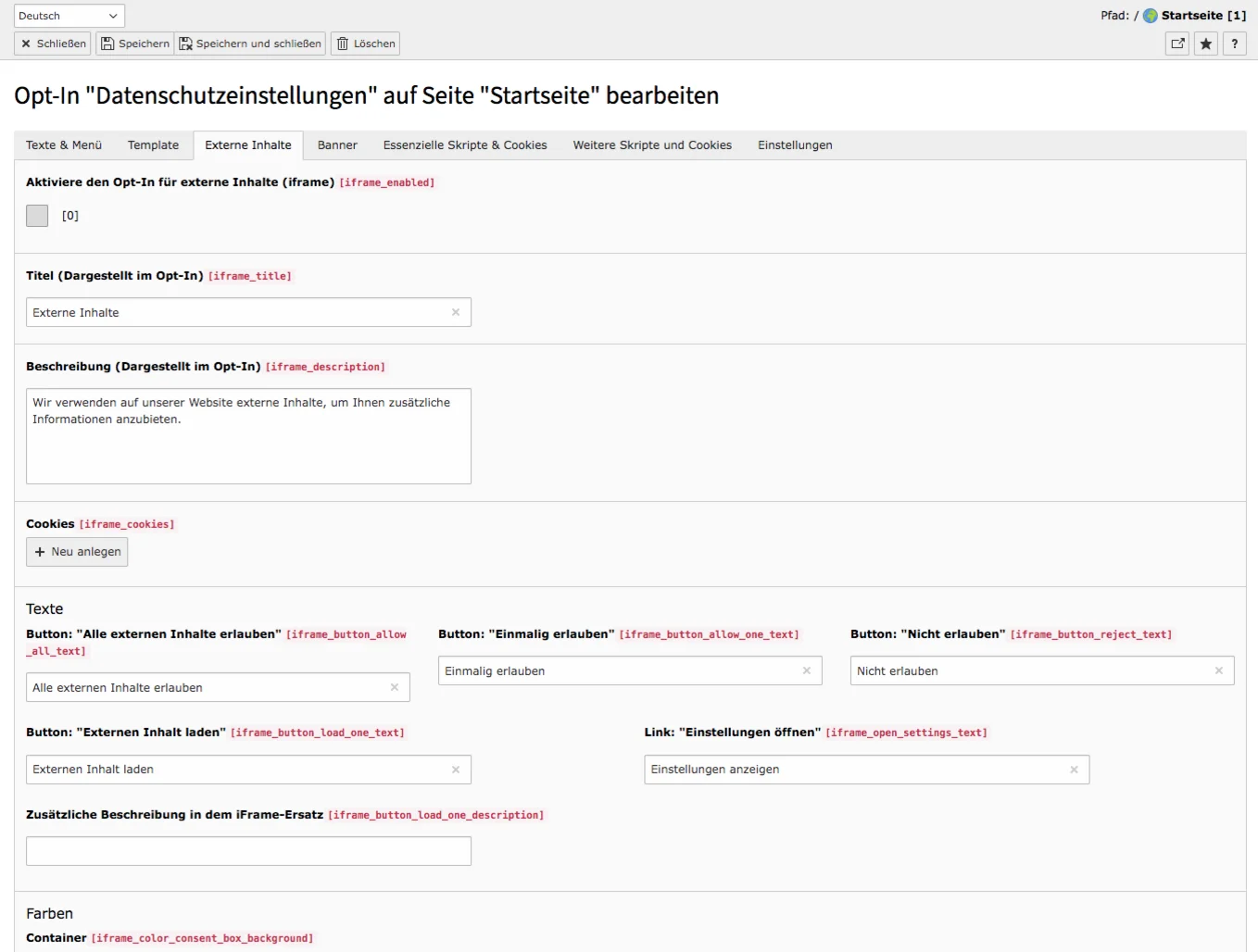 Cookie Consent TYPO3 Backend Externer Inhalt