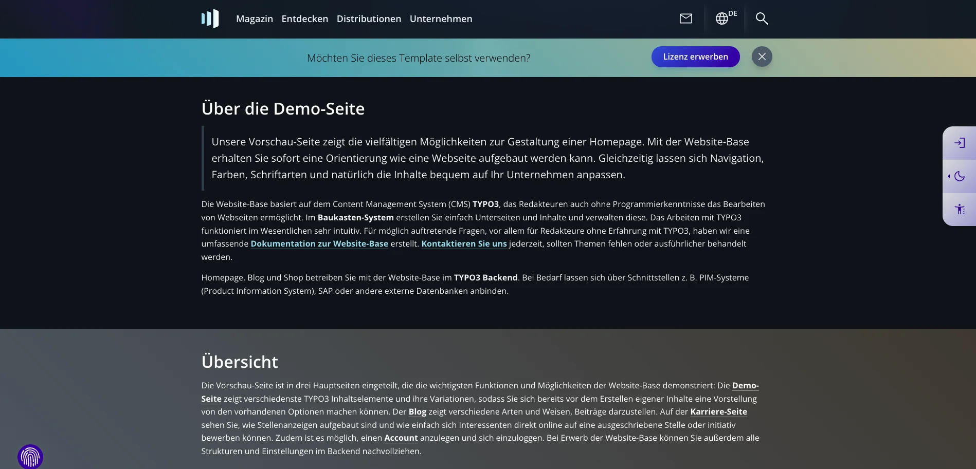 Screenshot einer TYPO3 Demo-Website mit Header, Menü und Text zur Website-Base.