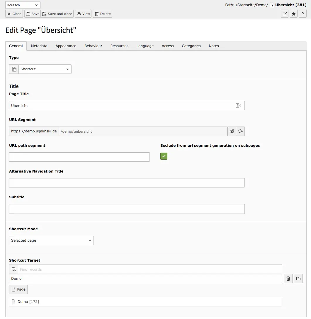 TYPO3 Page Properties Shortcut Page Tab General Allgemein