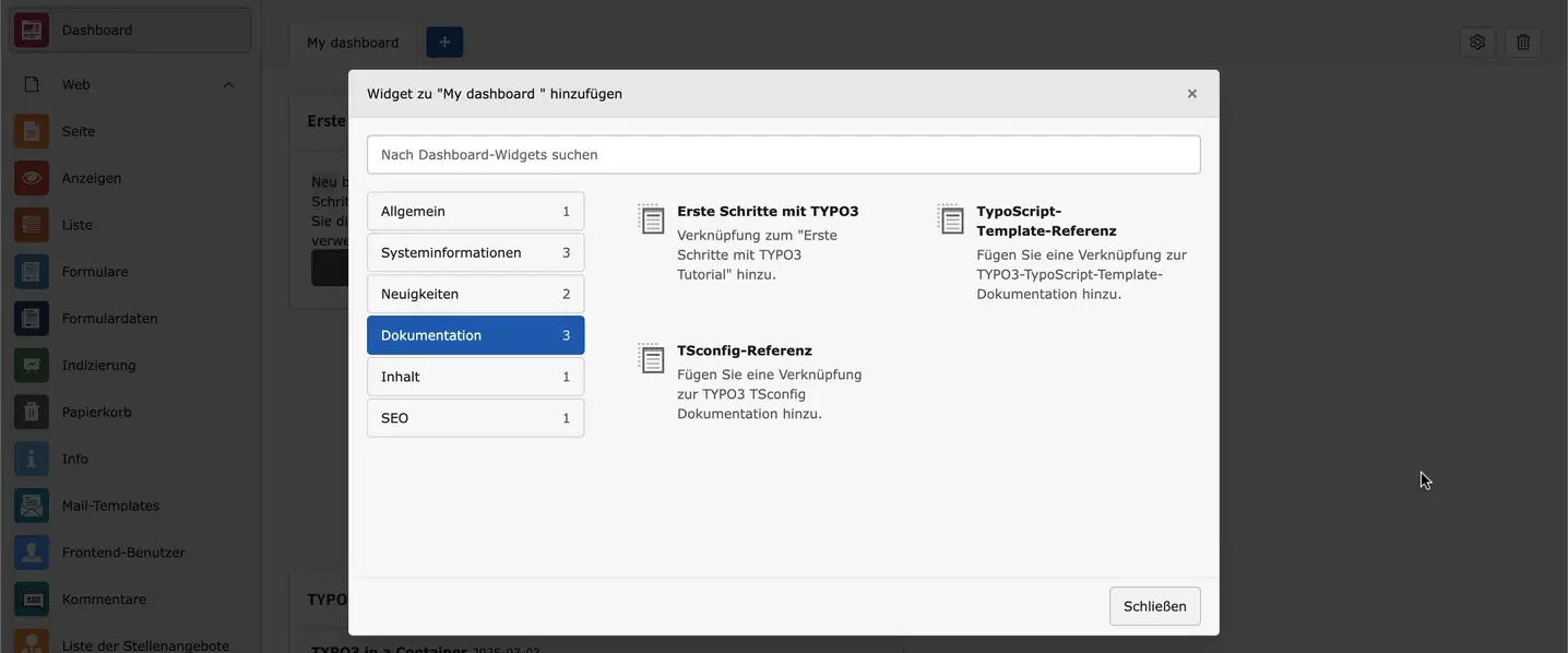TYPO3 Backend Modul Dashboard Widget Tab Dokumentation