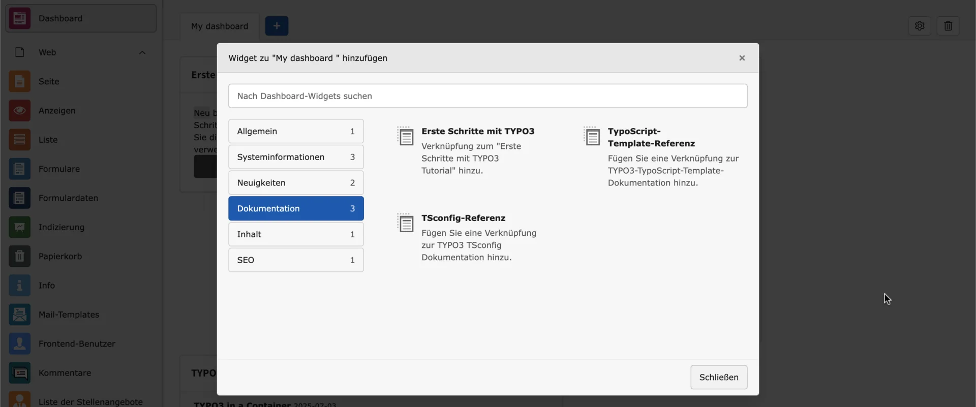 TYPO3 Backend Modul Dashboard Widget Tab Dokumentation