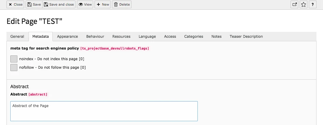 TYPO3 Backend Page Properties Metadata Abstract