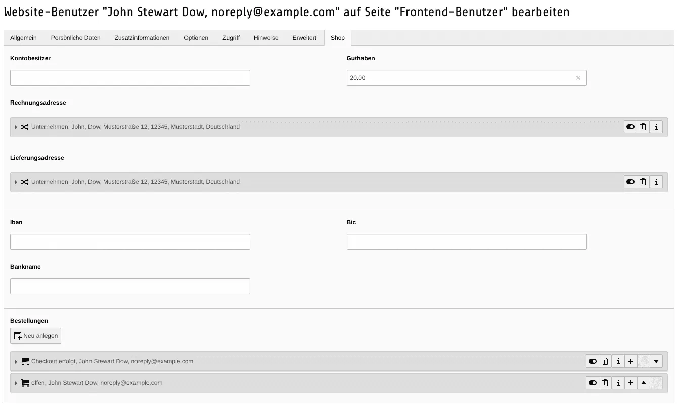 TYPO3 customer account store information