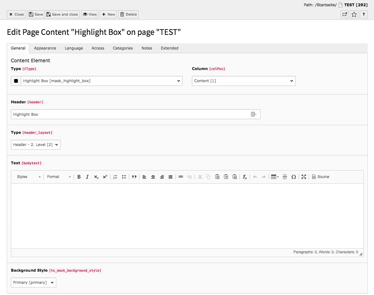 TYPO3 Content Element Mask Element Highlight Box Backend Tab General