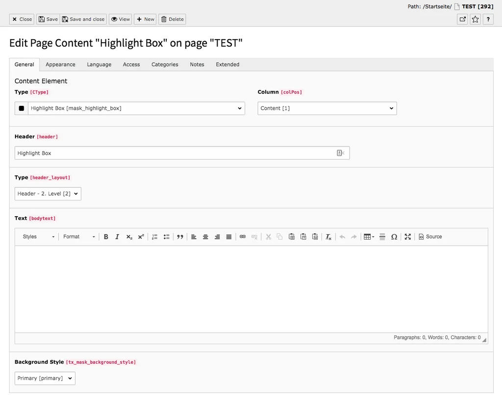 TYPO3 Content Element Mask Element Highlight Box Backend Tab General