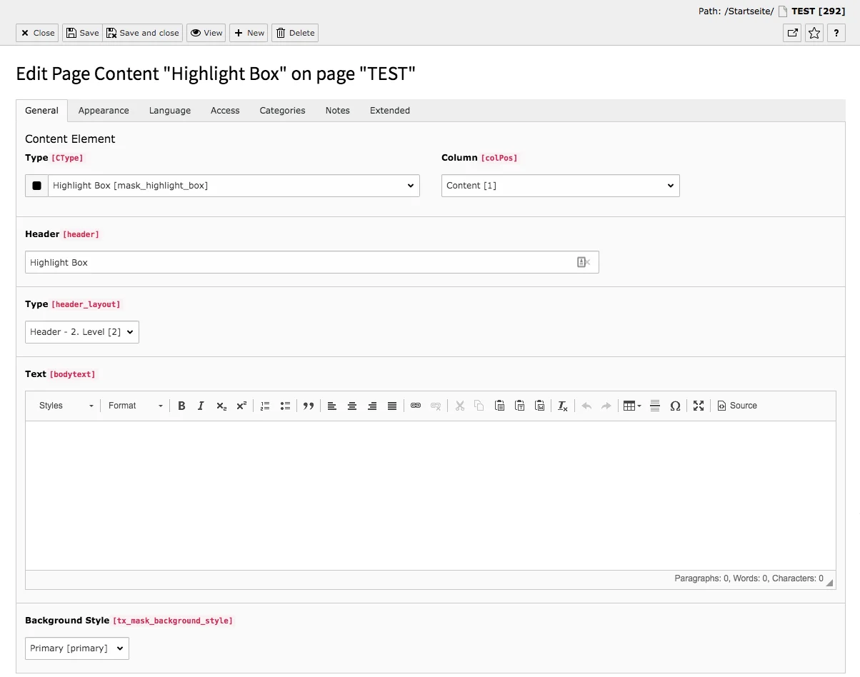 TYPO3 Content Element Mask Element Highlight Box Backend Tab General