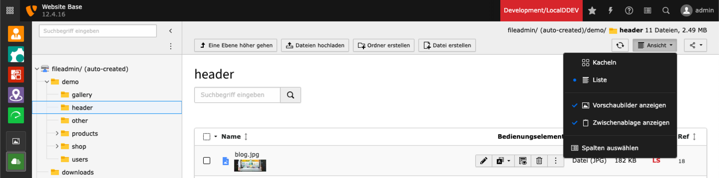 TYPO3 Dateiliste Spaltenansicht mit der Option 'Spalten auswählen'