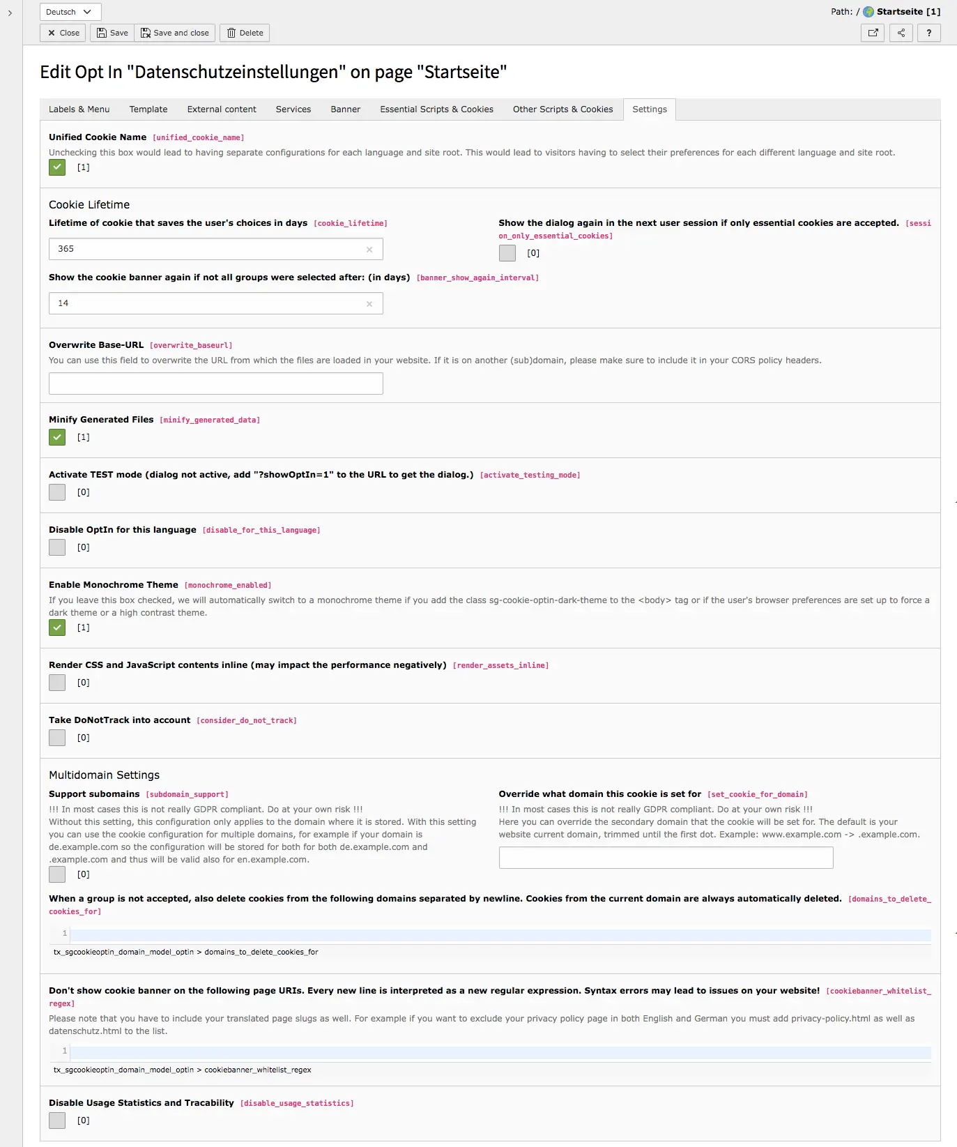 TYPO3 Cookie Opt-In Tab Settings