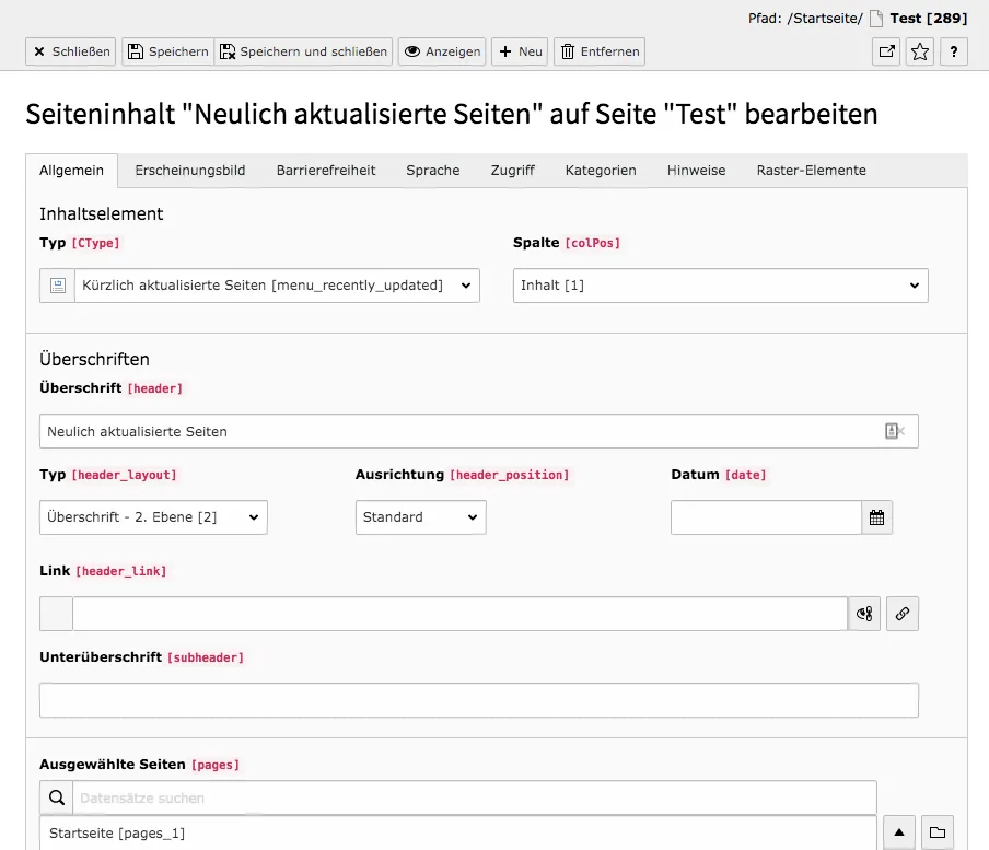 TYPO3 Inhaltselement Neulich aktualisierte Seiten Reiter Allgemein