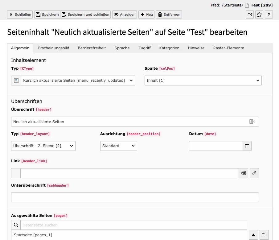 TYPO3 Inhaltselement Neulich aktualisierte Seiten Reiter Allgemein